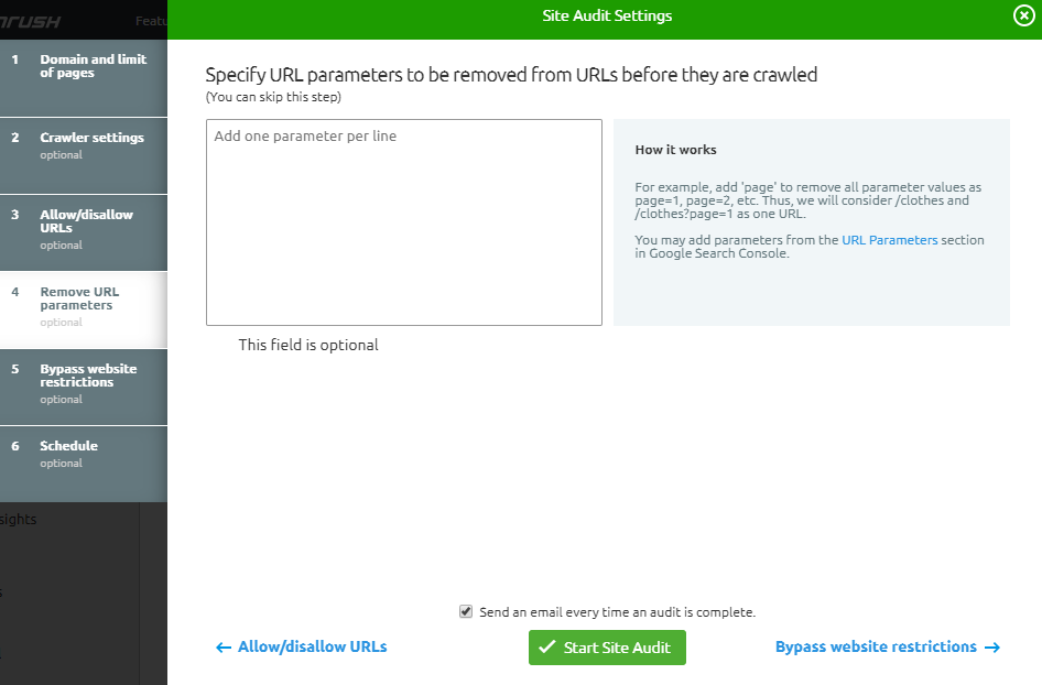 Site Audit Settings - URL Parameters