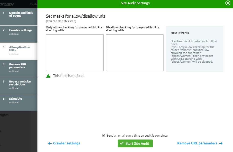 Site Audit Settings - Allow & Disallow URLs