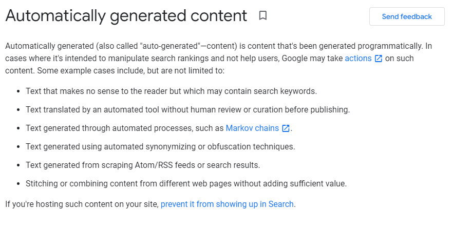 Google Webmaster Guidelines 8 March 2022 - Auto Generated Content