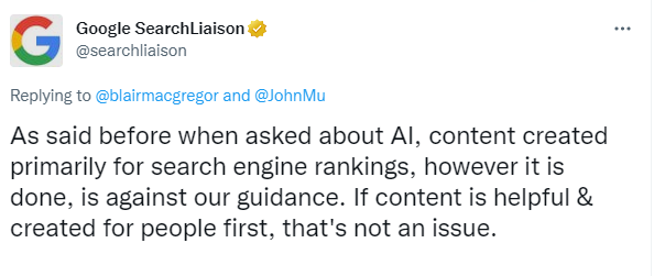 Google Tweet on its stance on AI-Written Content